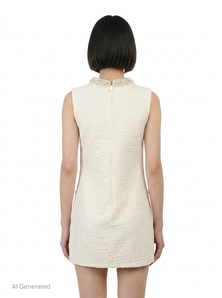 Cream Textured Pearl Trim Mini Dress | Self-Portrait | Club21 - back