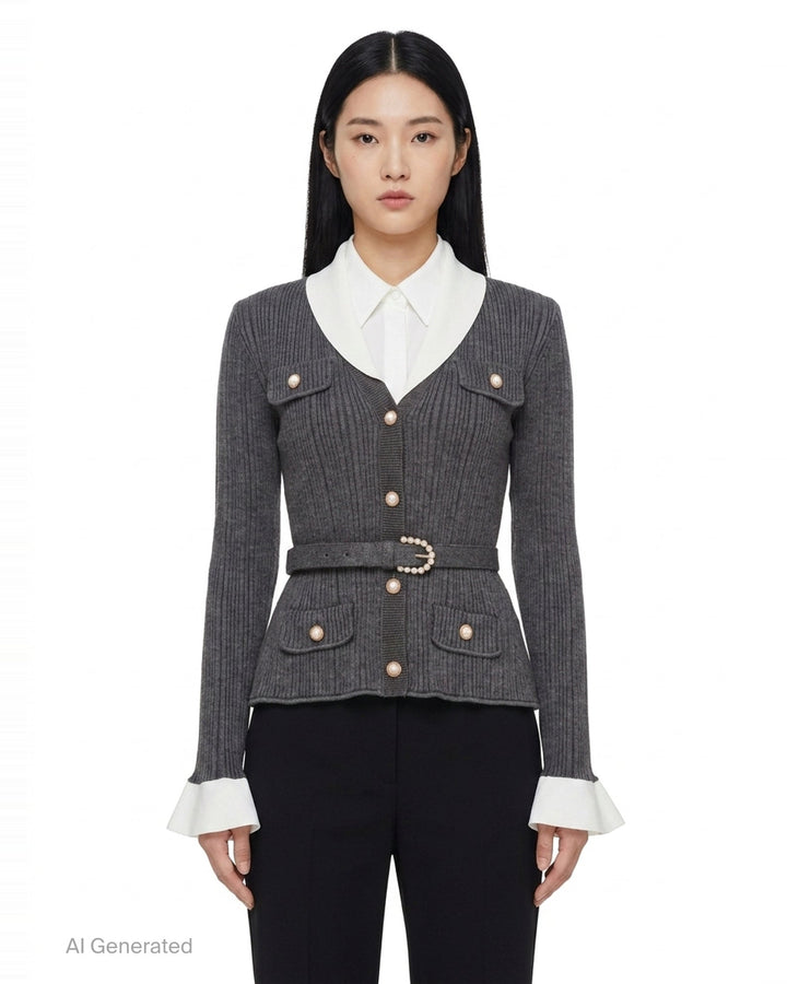 Grey Ribbed Knit Cardigan | Self-Portrait | Club21 - front