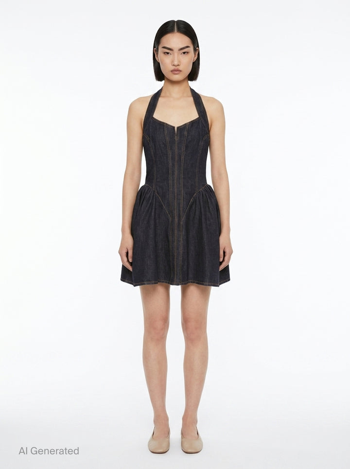 Indigo Denim Halterneck Flared Dress | Self-Portrait | Club21 - front