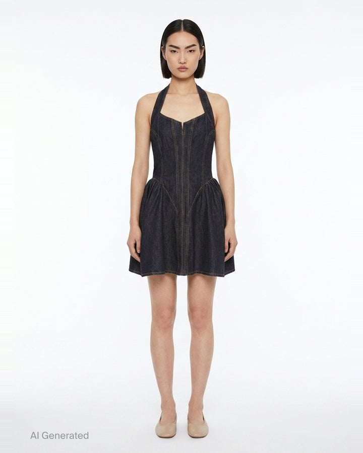 Indigo Denim Halterneck Flared Dress | Self-Portrait | Club21 - front