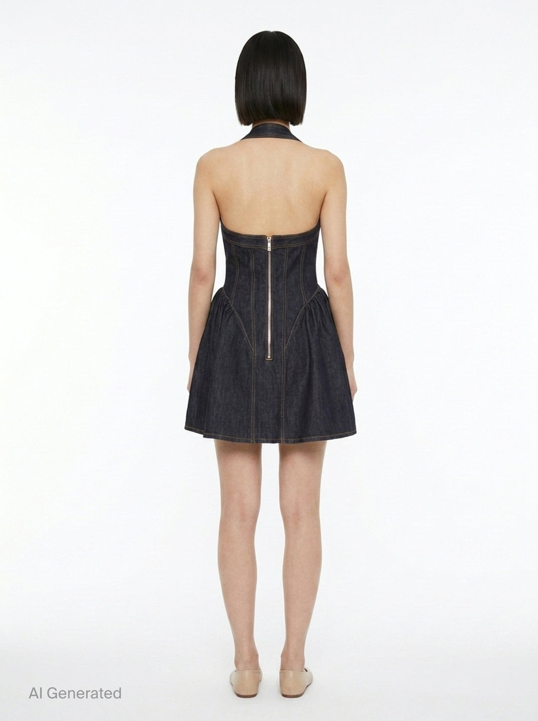 Indigo Denim Halterneck Flared Dress | Self-Portrait | Club21 - back