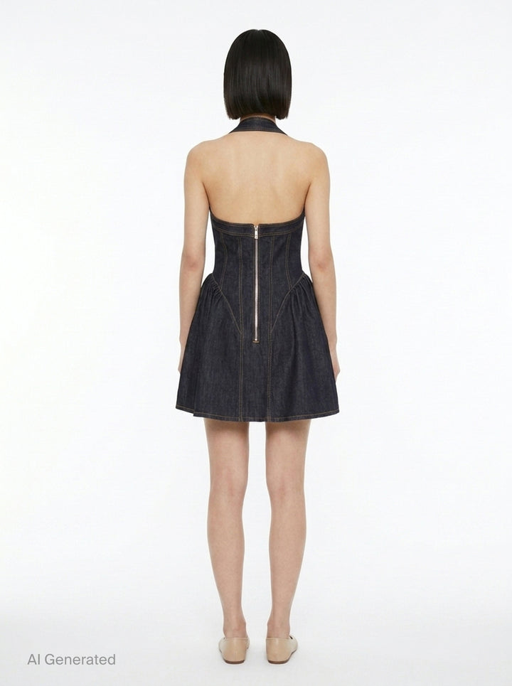 Indigo Denim Halterneck Flared Dress | Self-Portrait | Club21 - back