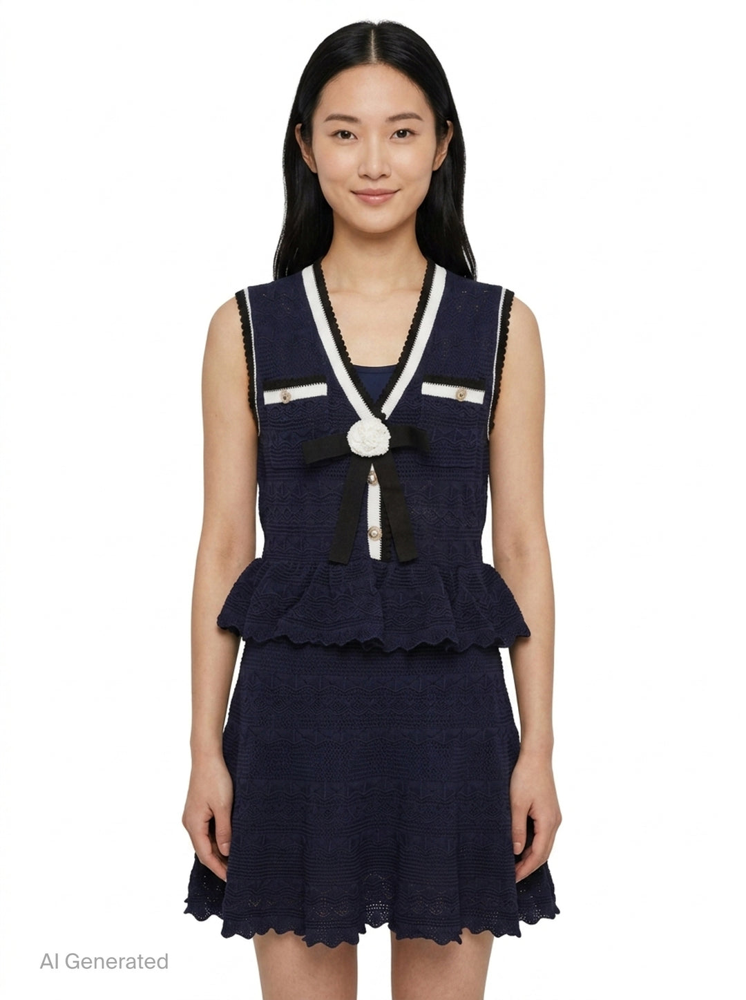 Navy Peplum Pointelle Knit Mini Dress | Self-Portrait | Club21 - front