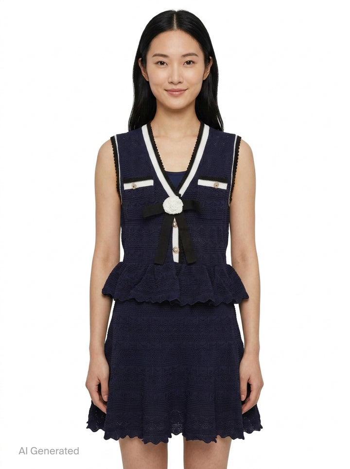 Navy Peplum Pointelle Knit Mini Dress | Self-Portrait | Club21 - front
