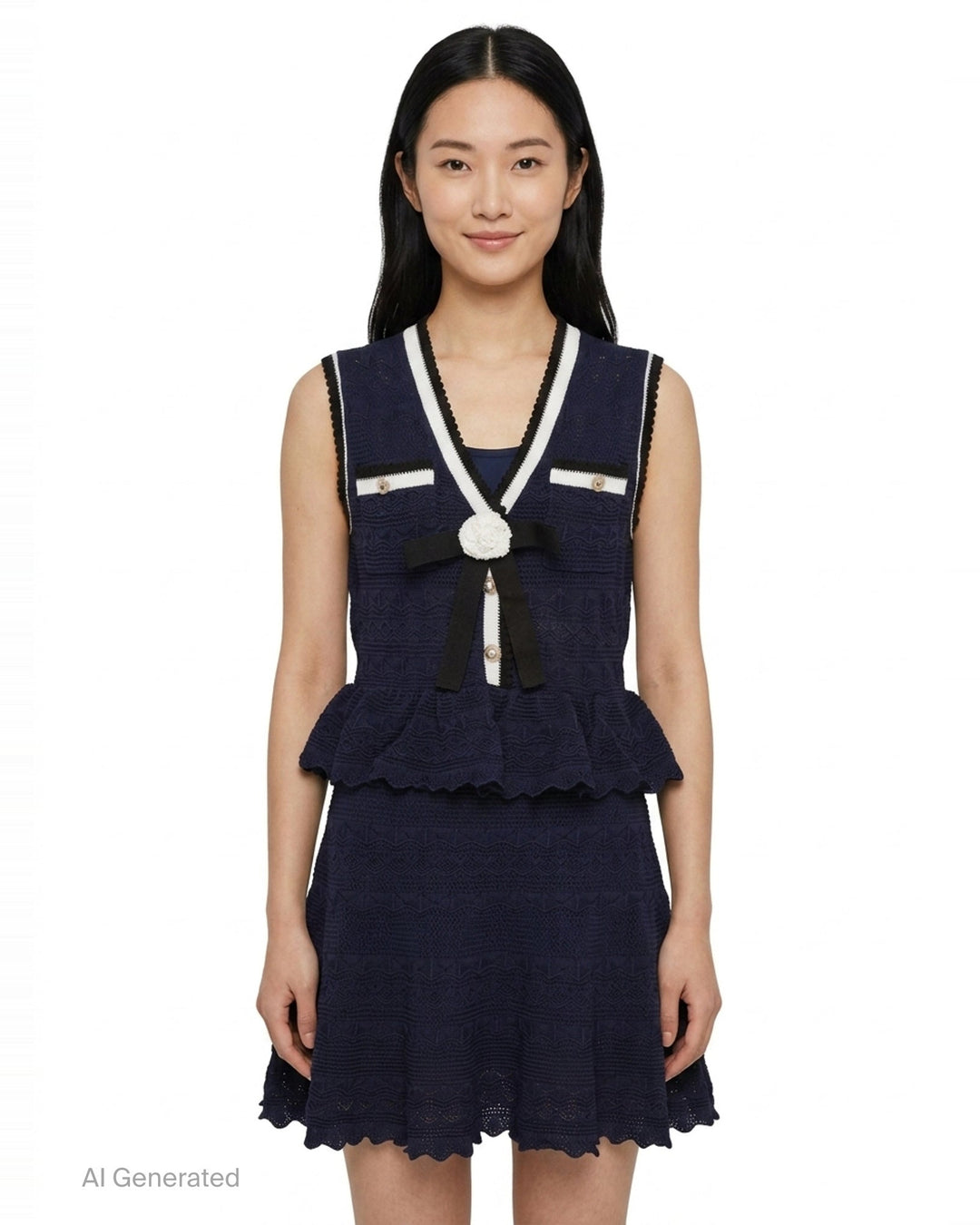 Navy Peplum Pointelle Knit Mini Dress | Self-Portrait | Club21 - front