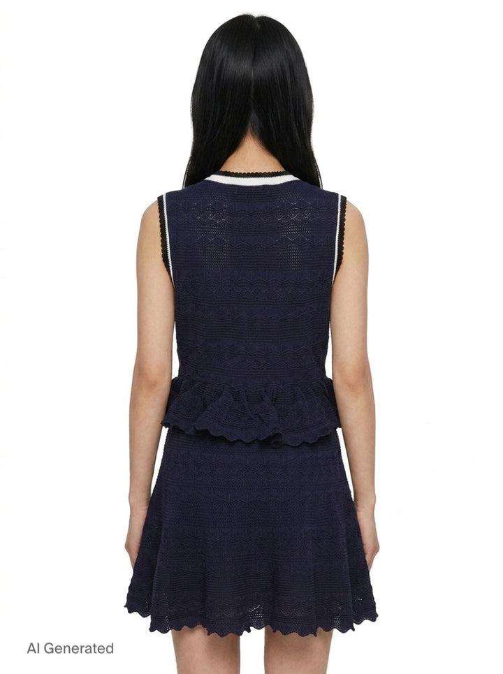 Navy Peplum Pointelle Knit Mini Dress | Self-Portrait | Club21 - back