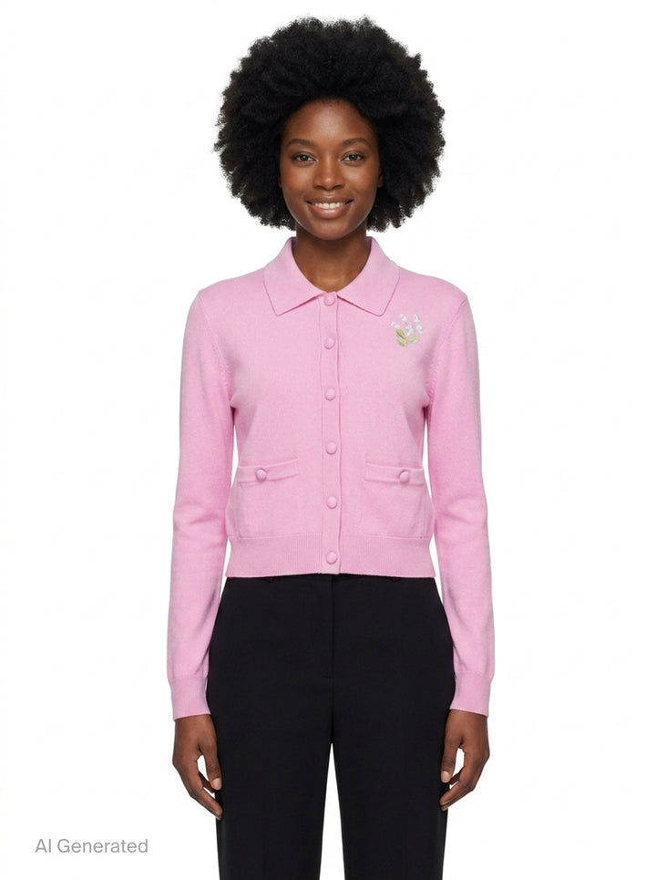 Pink Flower Embroidered Knit Cardigan | Self-Portrait | Club21 - front