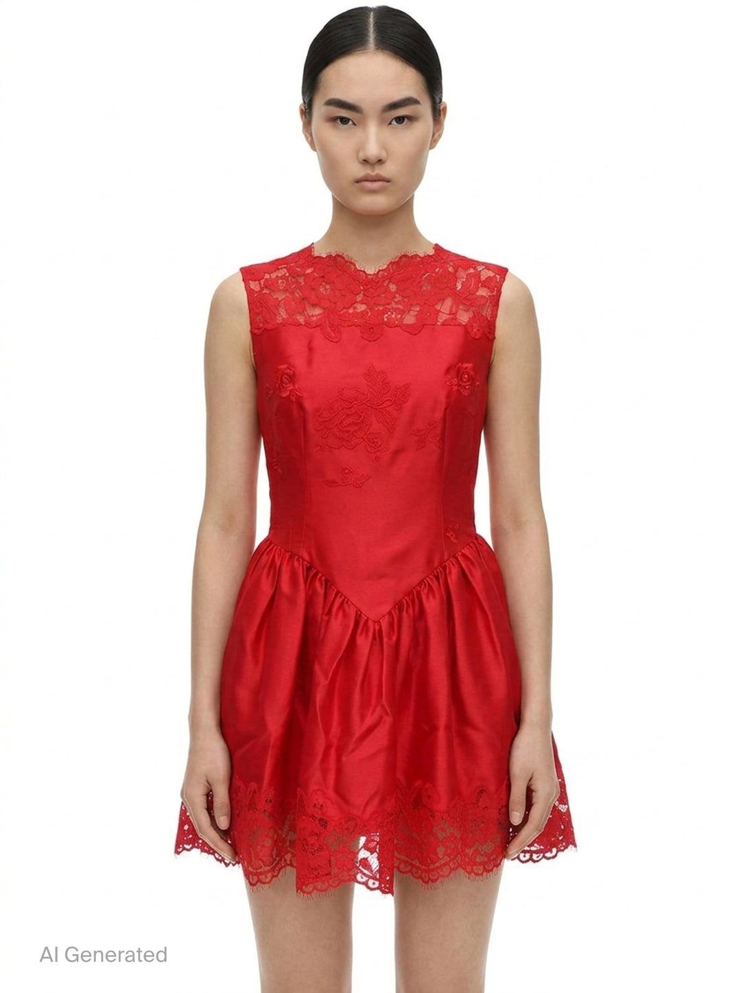 Red Taffeta Lace Mini Dress | Self-Portrait | Club21 - front