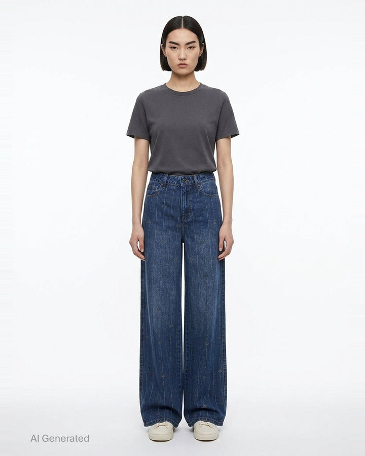 Rhinestone Stripe Wide-Leg Jeans | Self-Portrait | Club21 - front