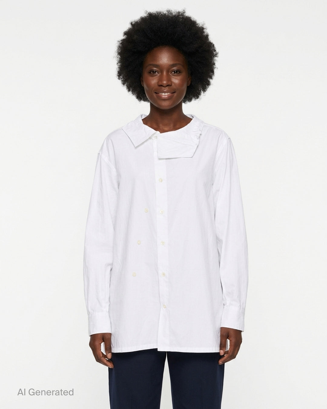 Setchu white cotton shirt with asymmetric folded collar, offset double-breasted button placket and oversized long sleeves - front