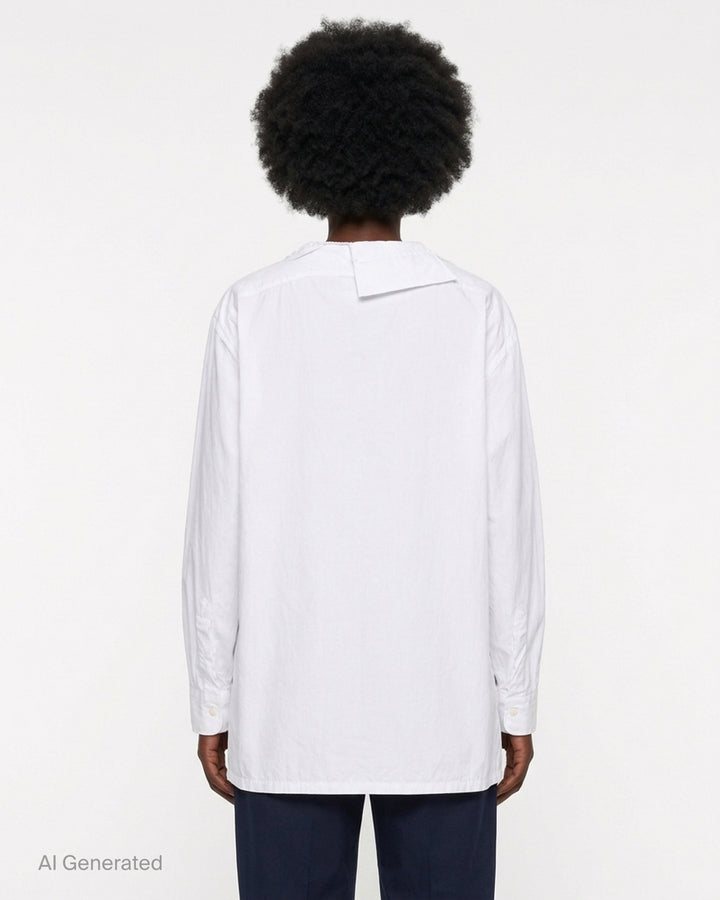 Setchu white cotton shirt with asymmetric folded collar, offset double-breasted button placket and oversized long sleeves - back