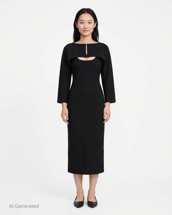 Setchu Makimono black maxi dress with cap sleeves, centre front seam, side drawcord and eyelet-trimmed hem - front