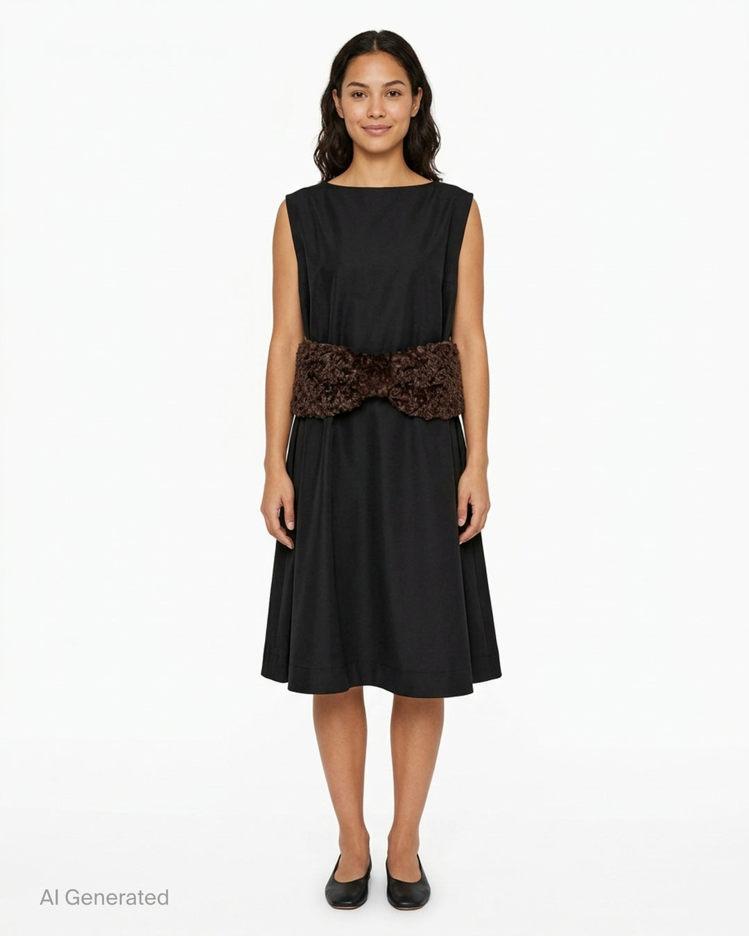 Simone Rocha sleeveless black dress with a boxy peplum silhouette and an oversized brown curled faux fur bow at the waist - front