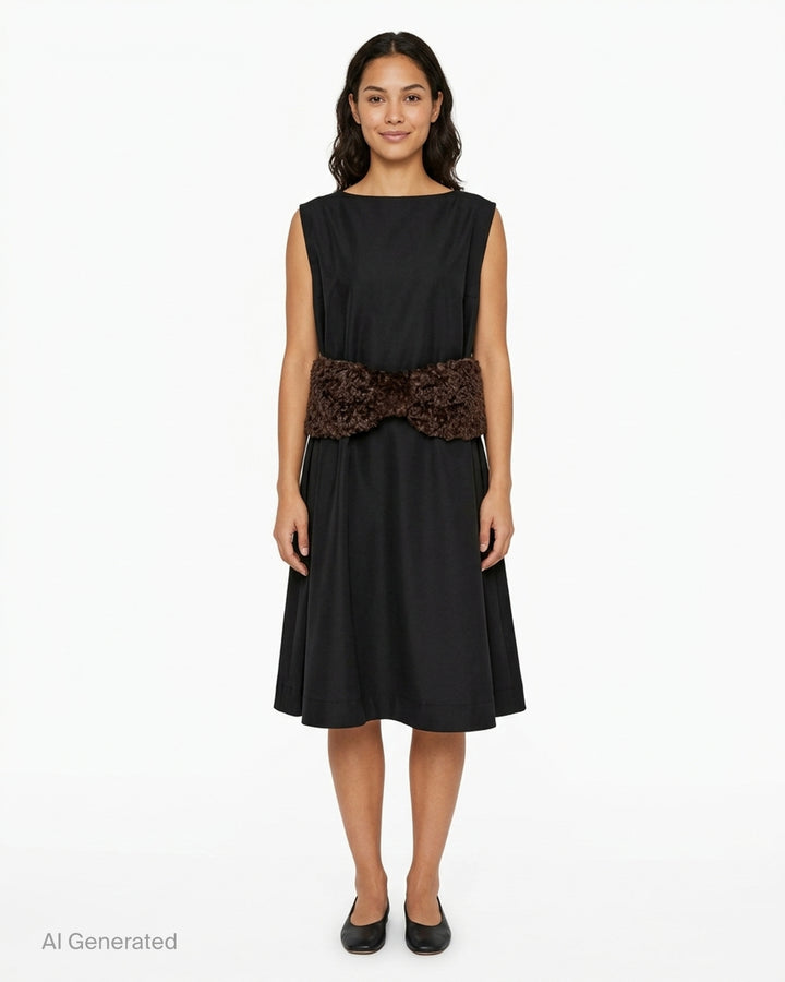 Simone Rocha sleeveless black dress with a boxy peplum silhouette and an oversized brown curled faux fur bow at the waist - front