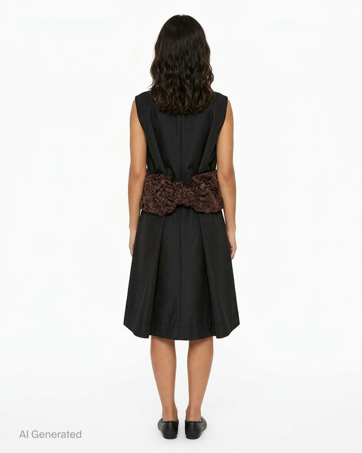 Simone Rocha sleeveless black dress with a boxy peplum silhouette and an oversized brown curled faux fur bow at the waist - back