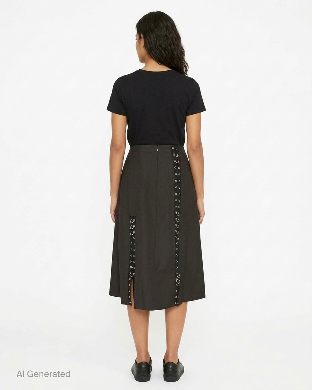 Simone Rocha black midi skirt with vertical grommet-trimmed straps, silver ring hardware and front slits - back
