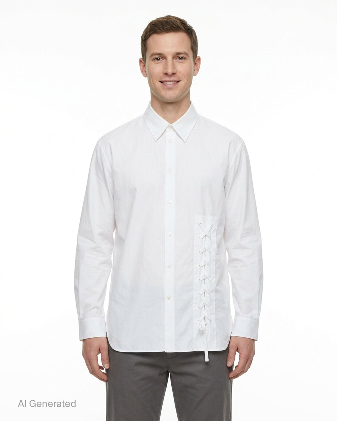 Simone Rocha white cotton Lace Up Hem Easy Shirt with pointed collar, button-through front and corset-style lace-up panel at the hem - front