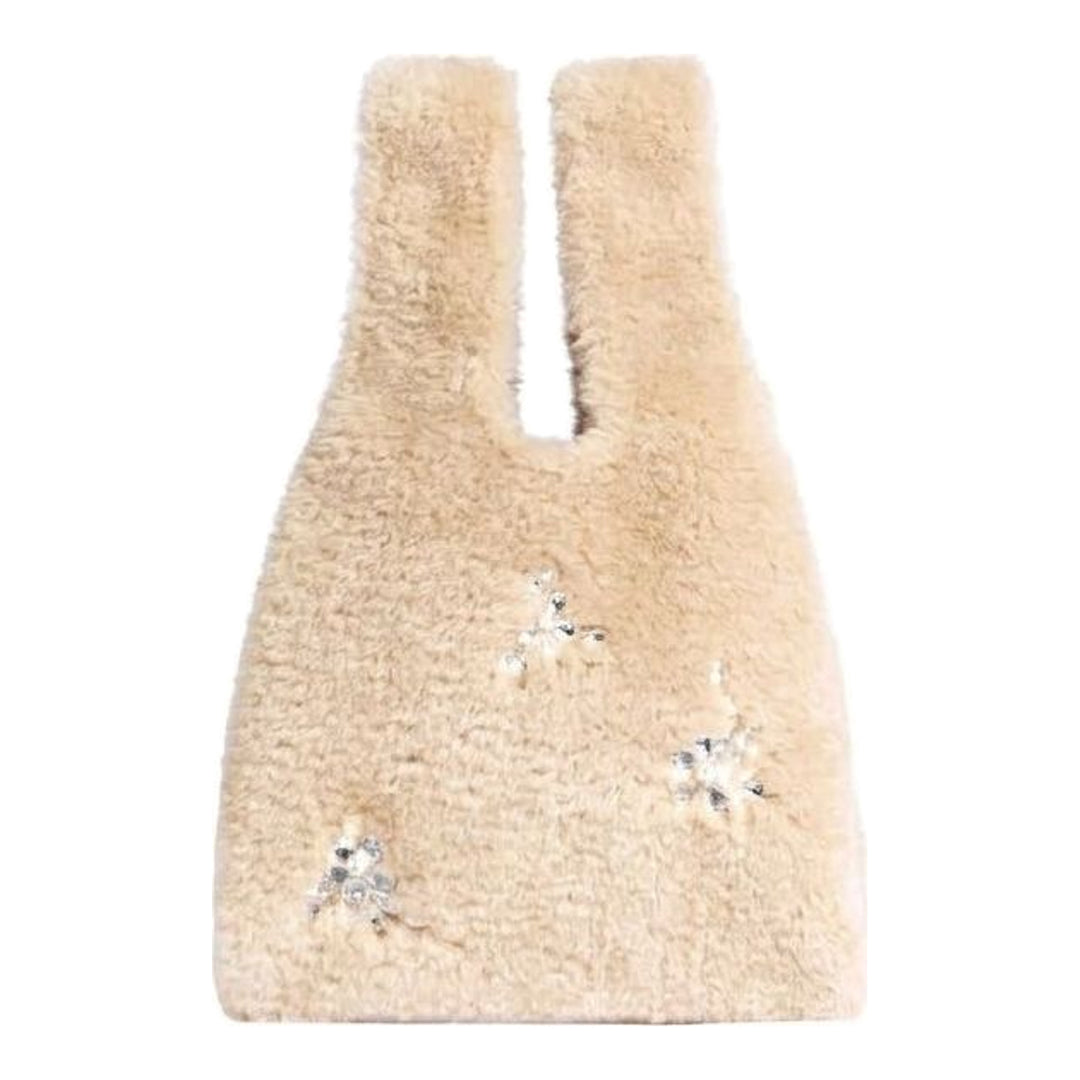 Simone Rocha mini faux fur shopper bag in cream with scattered crystal and pearl floral embellishments - packshot