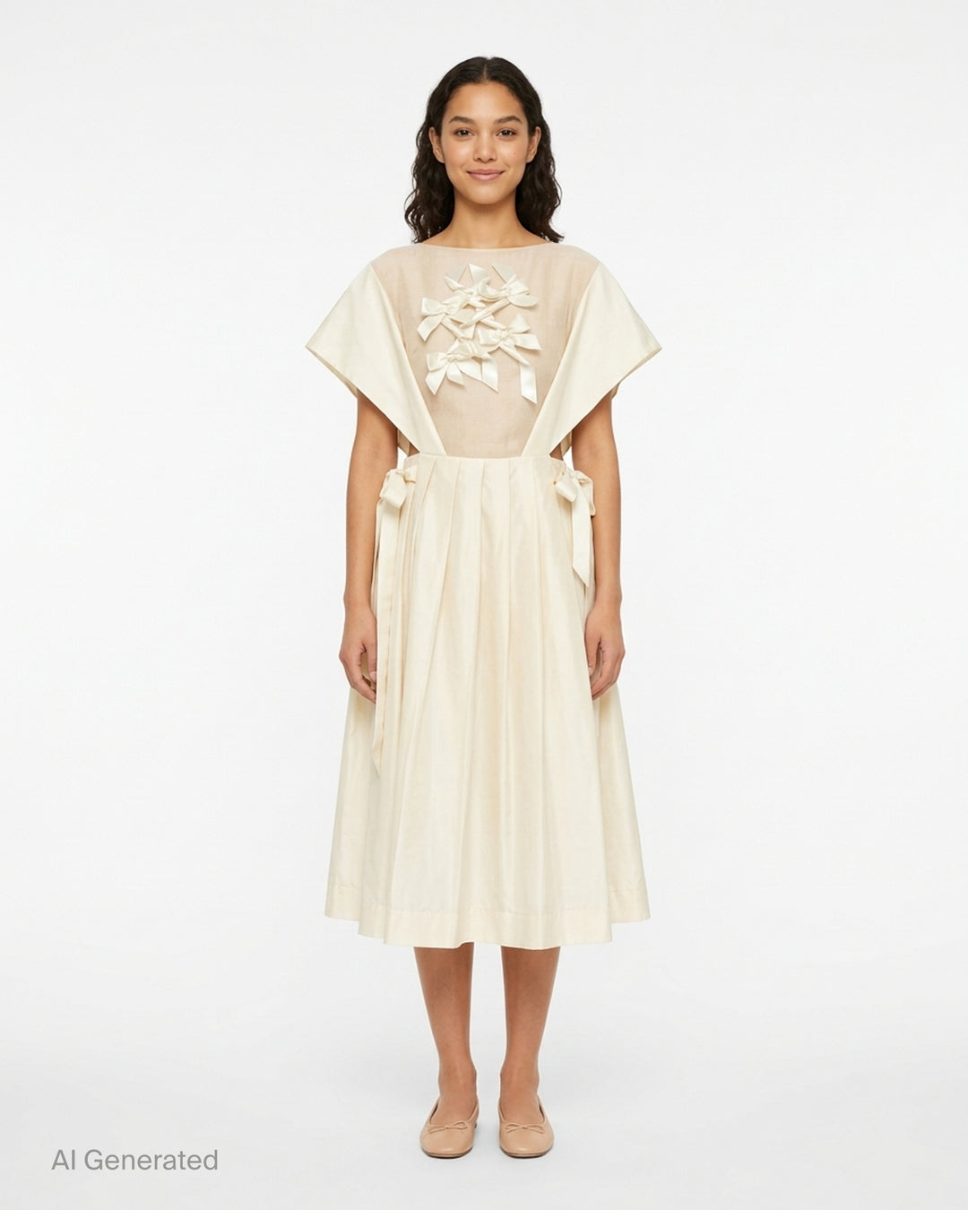 Simone Rocha cream pleated midi dress with sheer tulle bodice, satin bow appliqués at the chest and side waist ties - front