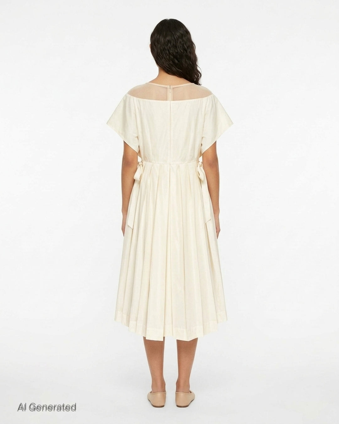 Simone Rocha cream pleated midi dress with sheer tulle bodice, satin bow appliqués at the chest and side waist ties - back