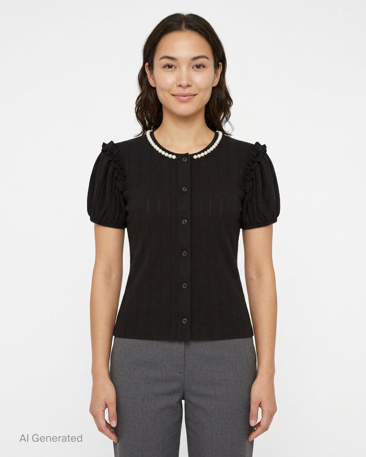 Simone Rocha black pointelle knit cardigan with pearl-trimmed neckline, ruffled puff sleeves and button front - front
