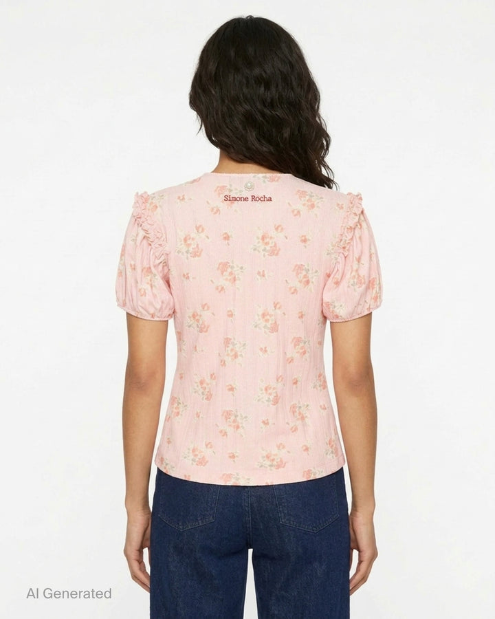 Simone Rocha pink pointelle puff sleeve cardigan with rose floral print, ruffled shoulders and pearly front buttons - back