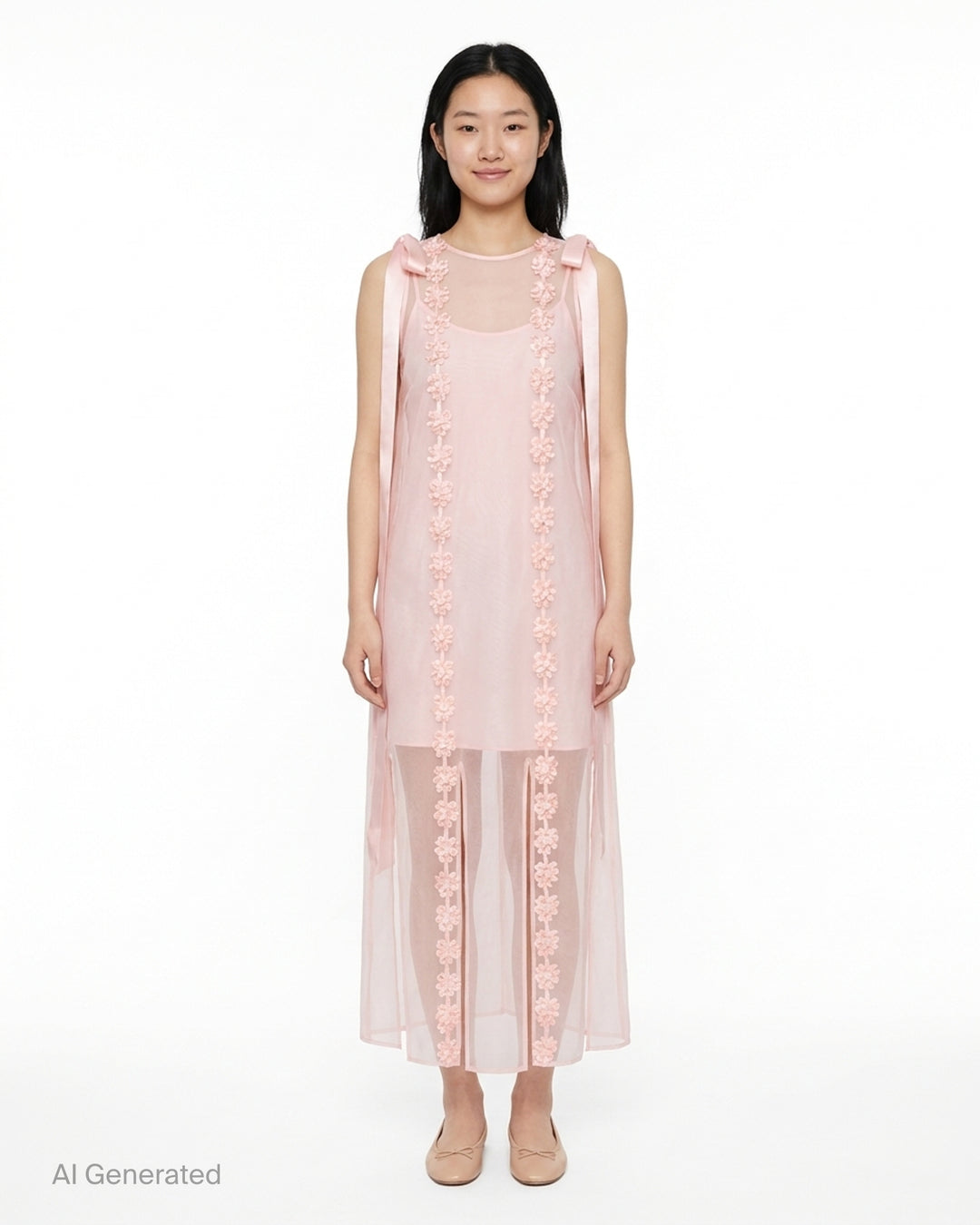 Simone Rocha sheer blush pink midi dress with satin shoulder bows and vertical rows of ribbon rosette embellishment - front