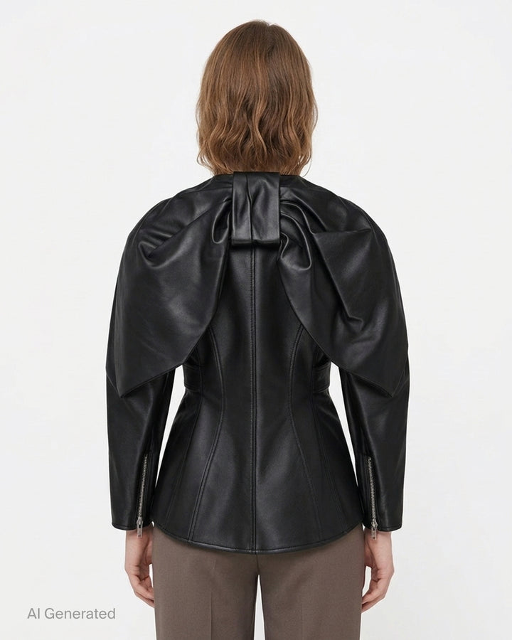 Simone Rocha black sculpted biker jacket with asymmetric zip front, rounded shoulders, flap pockets and wide silver-buckle belt at the waist - back