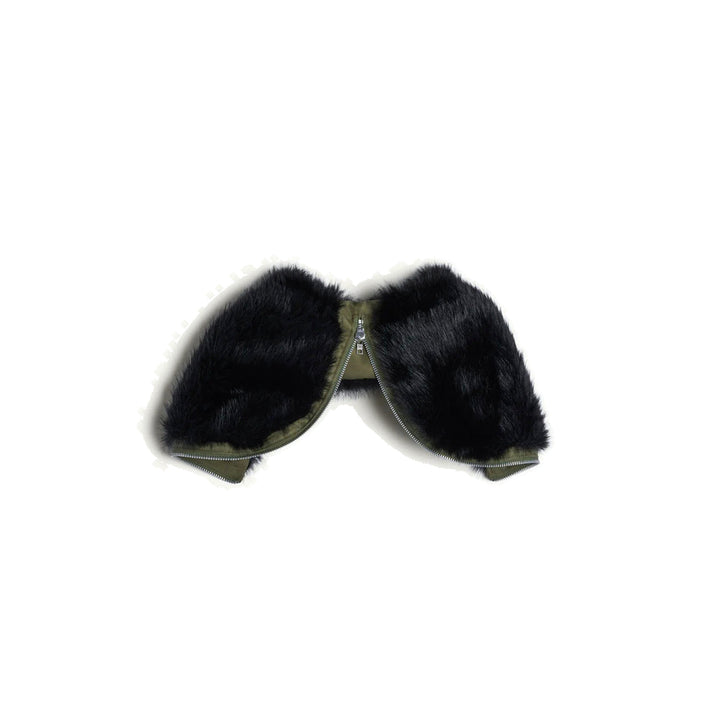 Simone Rocha split hood with black faux fur trim and olive green lining, shown flat with zip edges visible - packshot
