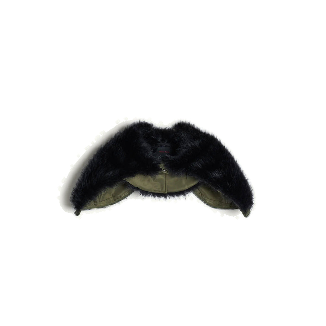 Simone Rocha split hood with black faux fur trim and olive green lining, shown flat with zip edges visible - packshot
