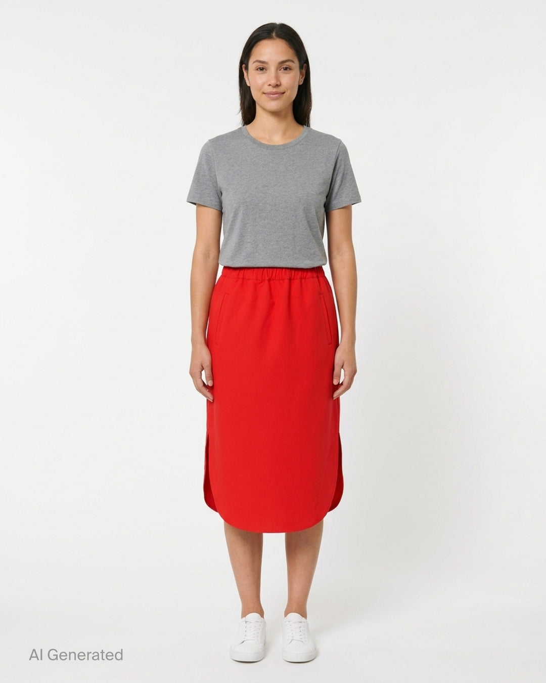 Sofie D'Hoore red skirt with elastic waistband, front welt pockets and curved hem - front