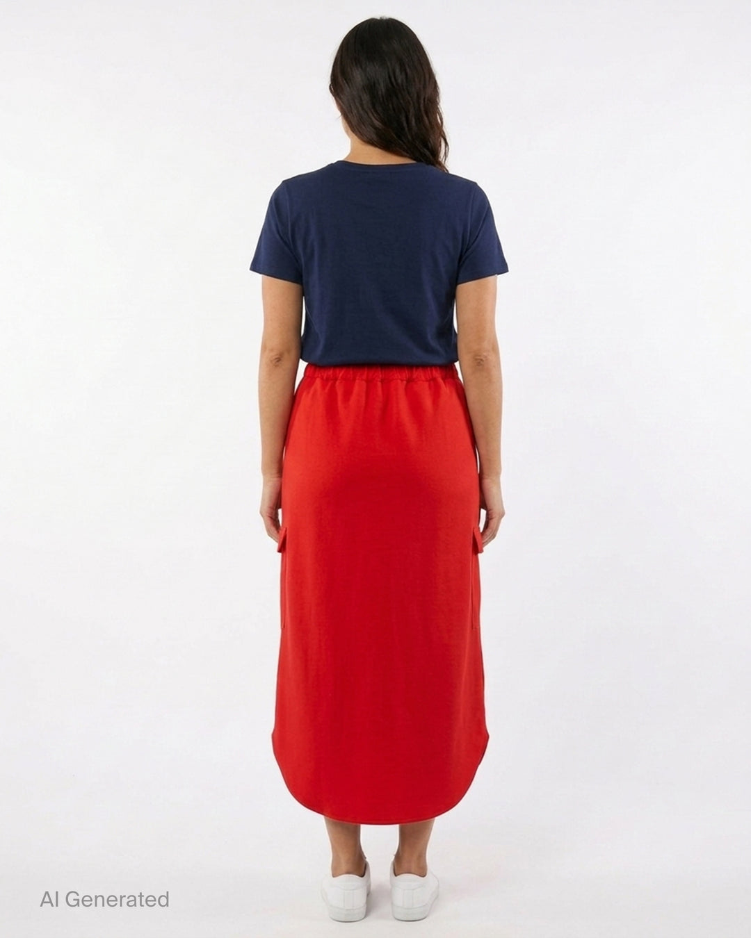 Sofie D'Hoore red skirt with elastic waistband, front welt pockets and curved hem - back
