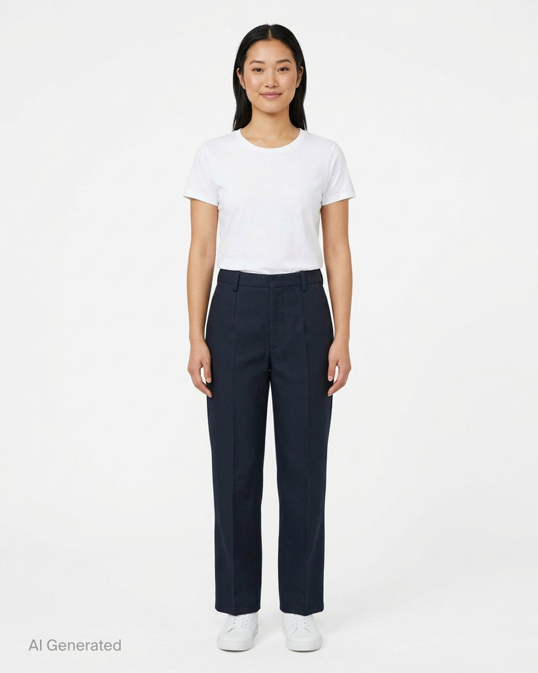 Sofie D'Hoore navy flat front trousers with a pressed centre crease and straight leg, shown from the front - front