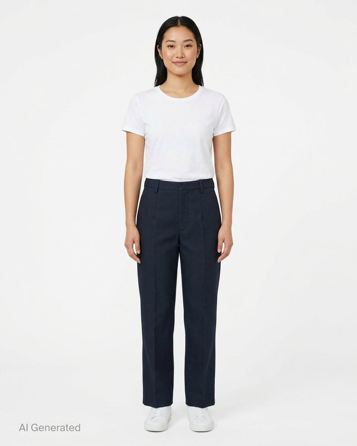 Sofie D'Hoore navy flat front trousers with a pressed centre crease and straight leg, shown from the front - front
