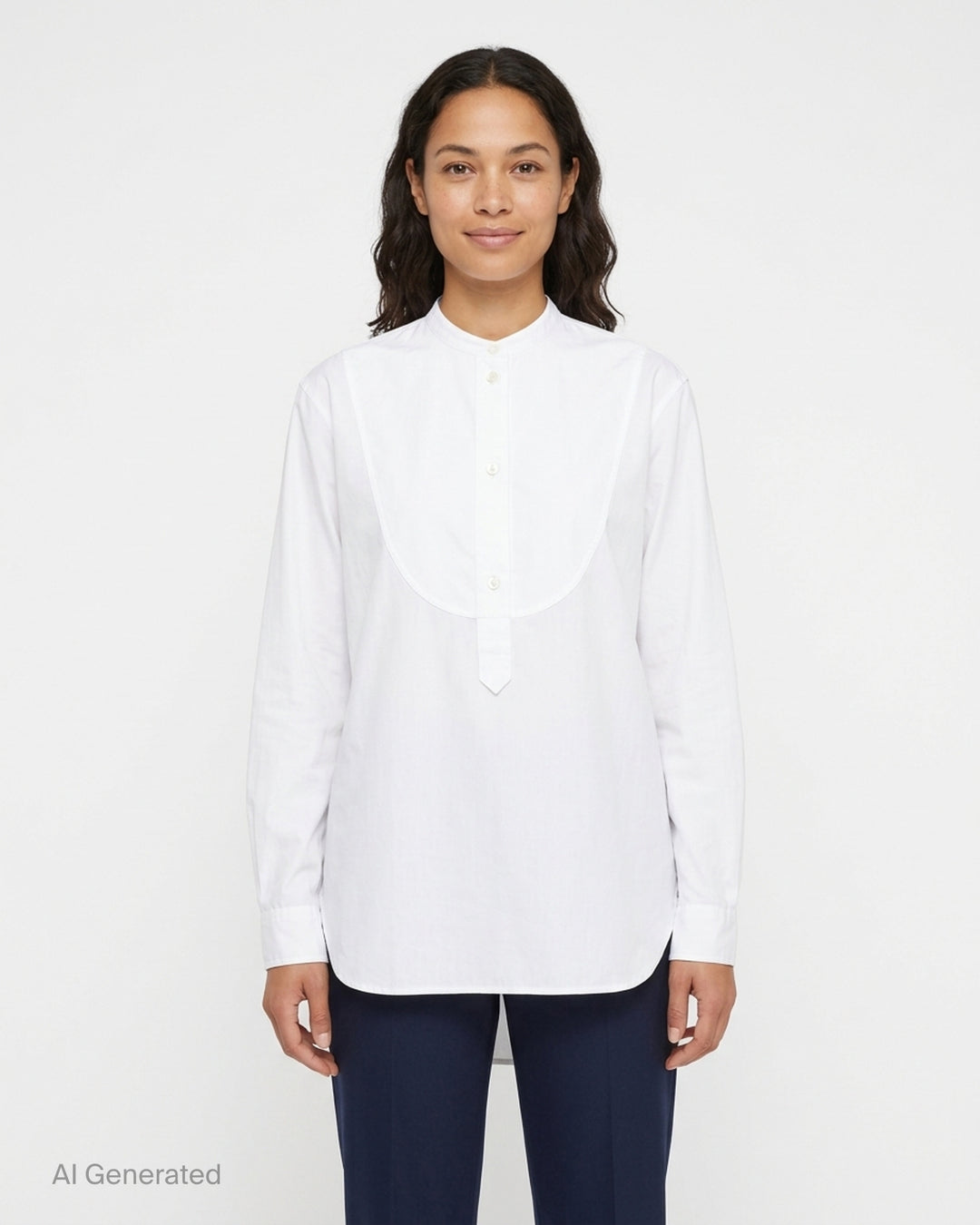 White long sleeve band collar shirt with curved bib front, buttoned half-placket and relaxed silhouette by Sofie D'Hoore - front