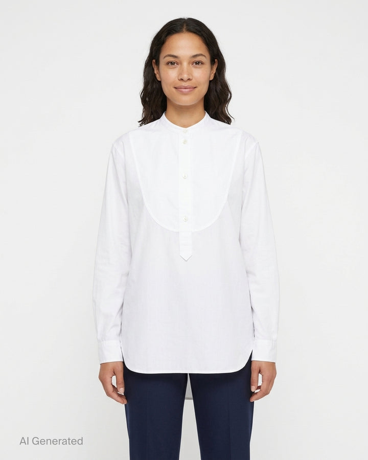 White long sleeve band collar shirt with curved bib front, buttoned half-placket and relaxed silhouette by Sofie D'Hoore - front