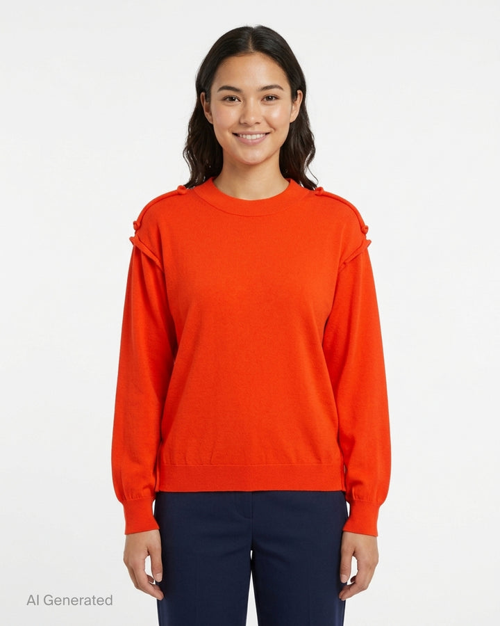 Sofie D'Hoore long sleeve crew neck sweater in vivid red-orange with knotted shoulder detailing and ribbed cuffs and hem - front