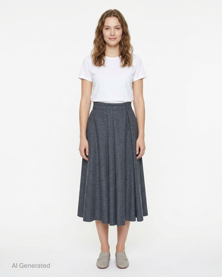 Sofie D'Hoore charcoal grey pleated midi skirt with a high waistband and flowing A-line silhouette, front view - front