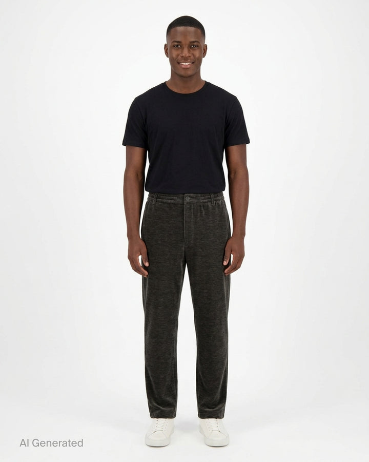 Solid Homme Velvet Feel Track Pants in deep charcoal, featuring an elasticated waistband with single button closure and a straight tapered leg - front