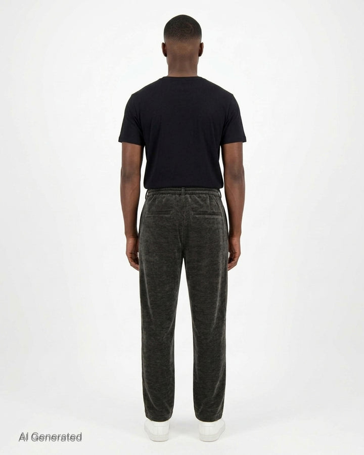 Solid Homme Velvet Feel Track Pants in deep charcoal, featuring an elasticated waistband with single button closure and a straight tapered leg - back