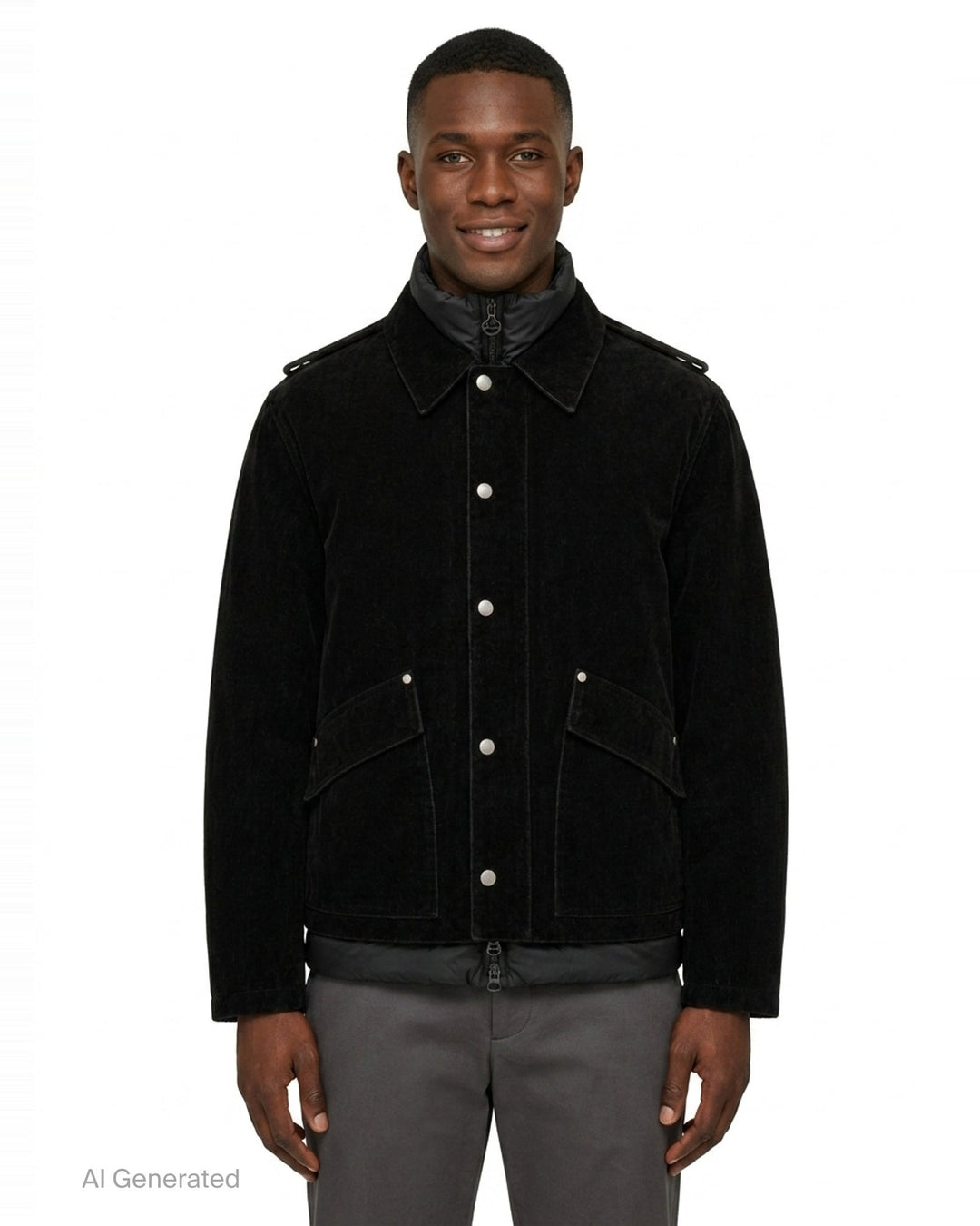 Solid Homme black velvet jacket with snap-button front closure, integrated quilted nylon inner puffer vest, epaulette shoulders, and dual flap pockets — front view on white background - front