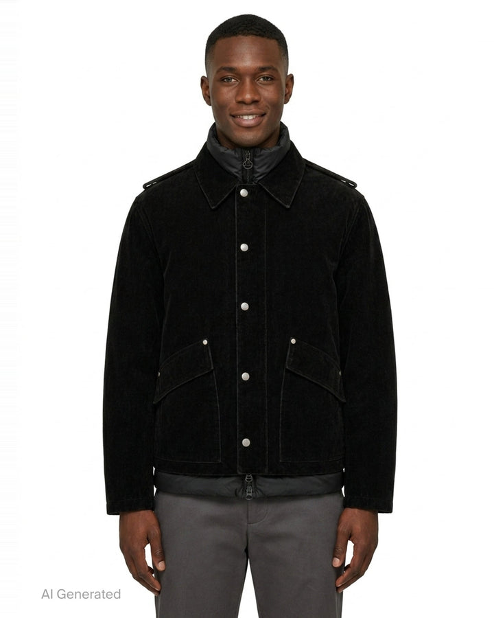 Solid Homme black velvet jacket with snap-button front closure, integrated quilted nylon inner puffer vest, epaulette shoulders, and dual flap pockets — front view on white background - front