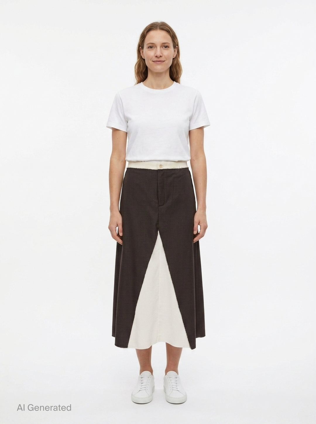 Sonia Carrasco contrast panel tailored midi skirt in dark brown houndstooth with ivory raw-edge inset panel and frayed waistband, front view on white background - front