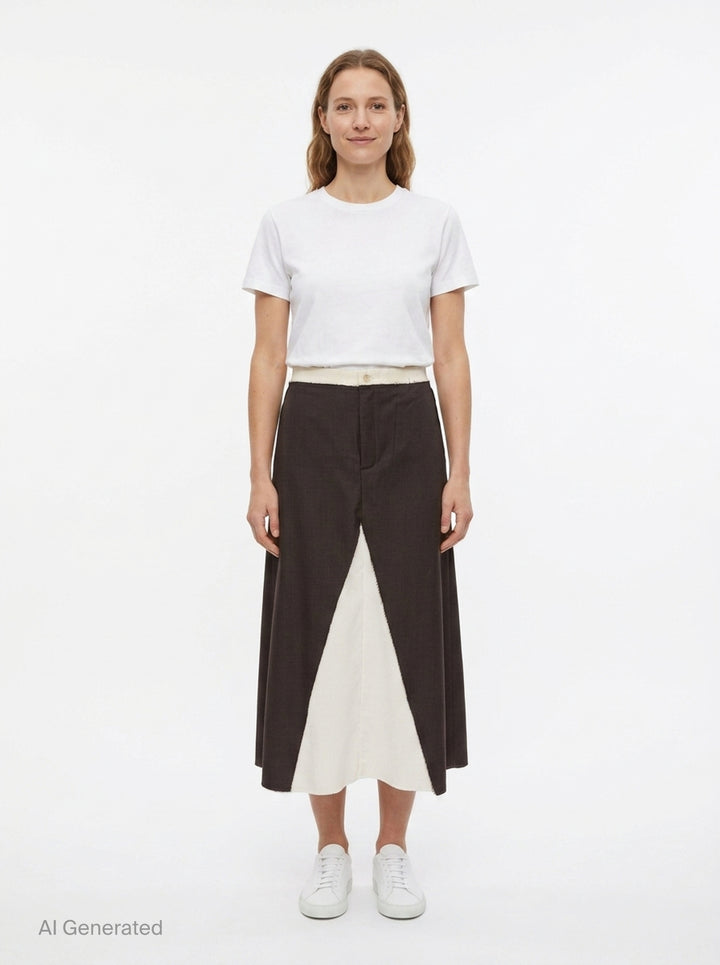 Sonia Carrasco contrast panel tailored midi skirt in dark brown houndstooth with ivory raw-edge inset panel and frayed waistband, front view on white background - front