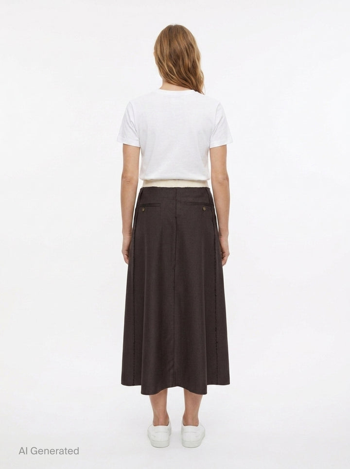 Sonia Carrasco contrast panel tailored midi skirt in dark brown houndstooth with ivory raw-edge inset panel and frayed waistband, front view on white background - back