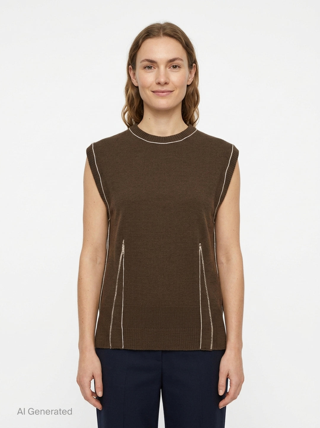 Sonia Carrasco Fitting Knit Vest in chocolate brown with cream contrast topstitching along the neckline, armholes, and diagonal pocket openings, photographed flat on a white background - front