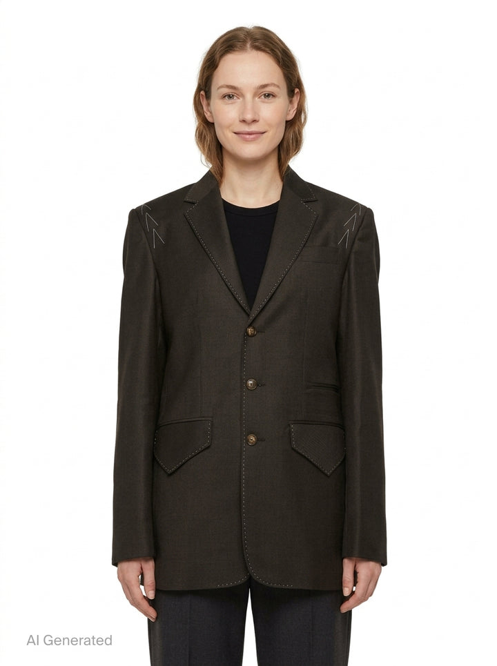 Sonia Carrasco Fundamental Blazer in dark tonal check fabric with white contrast topstitching along lapels and seams, arrow embroidery at shoulders, three antique brass buttons, and patch pockets at hem - front