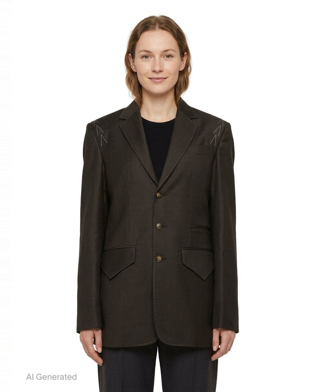 Sonia Carrasco Fundamental Blazer in dark tonal check fabric with white contrast topstitching along lapels and seams, arrow embroidery at shoulders, three antique brass buttons, and patch pockets at hem - front