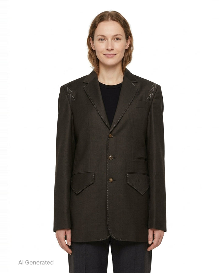 Sonia Carrasco Fundamental Blazer in dark tonal check fabric with white contrast topstitching along lapels and seams, arrow embroidery at shoulders, three antique brass buttons, and patch pockets at hem - front