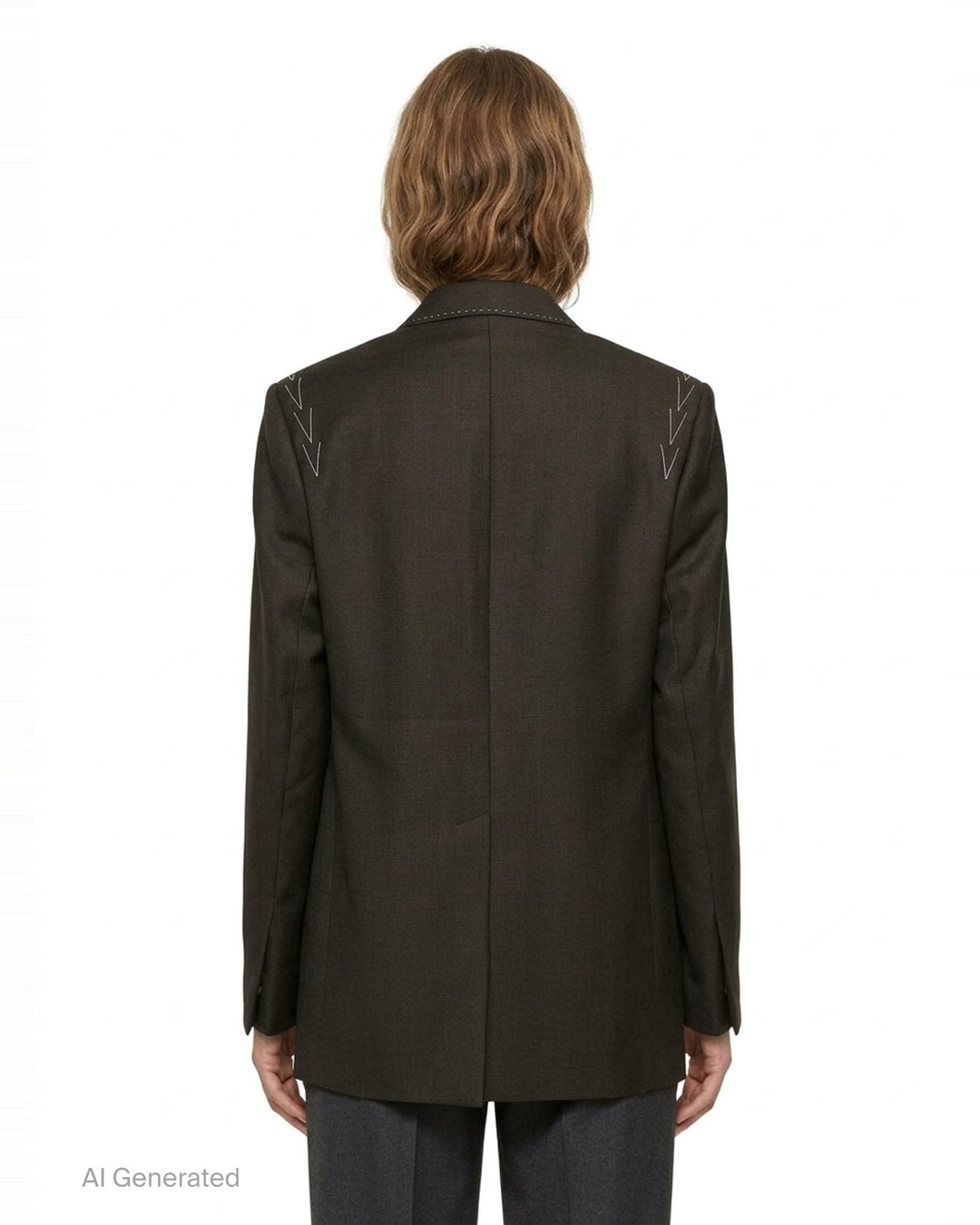 Sonia Carrasco Fundamental Blazer in dark tonal check fabric with white contrast topstitching along lapels and seams, arrow embroidery at shoulders, three antique brass buttons, and patch pockets at hem - back